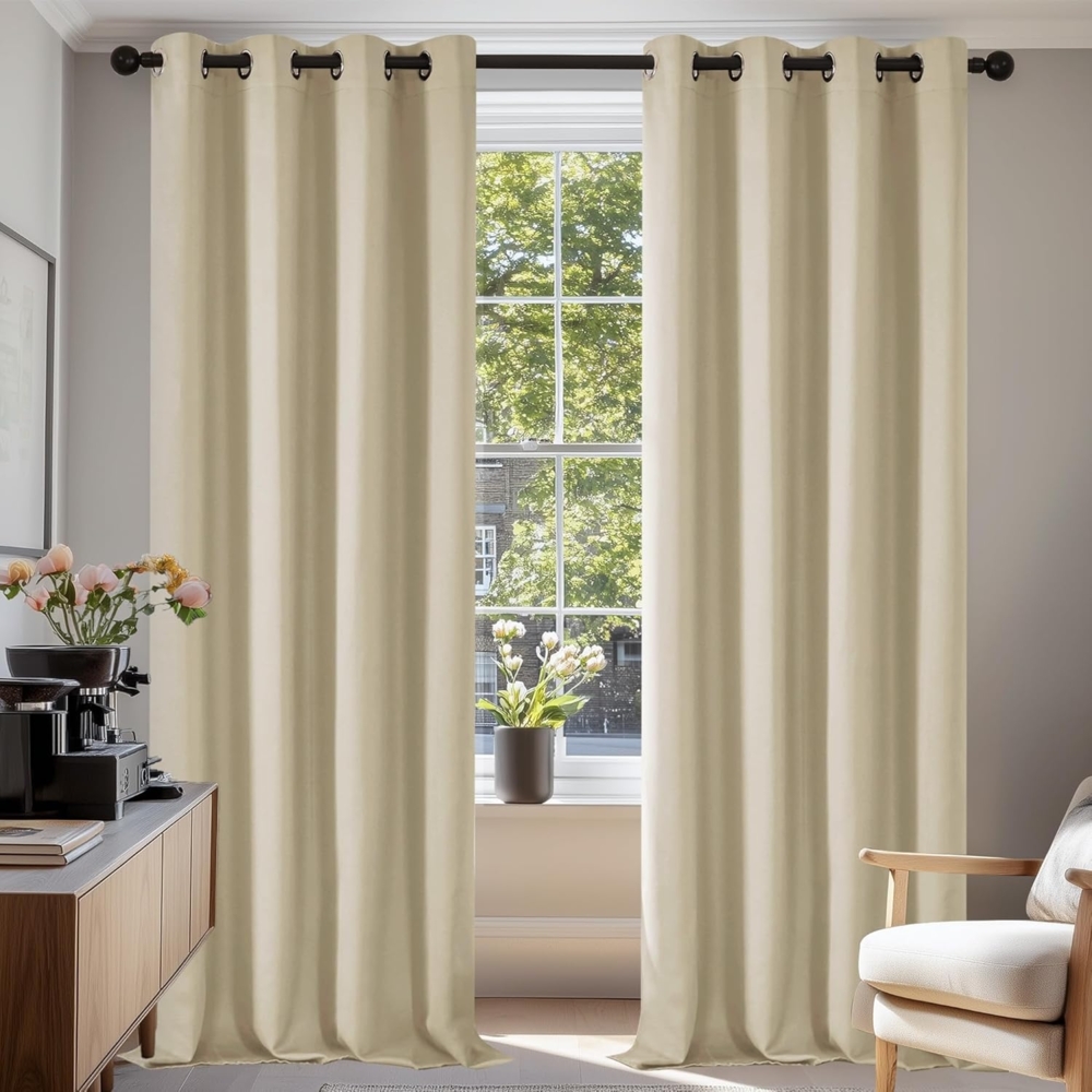 Deconovo Blickdicht Verdunkelungsvorhang Ösen Gardinen Thermovorhang Kälteschutz Thermo gegen Kälte Thermogardine Hitzeschutz, 290x140 cm(HöhexBreite), Beige, 2er Set Bild 1