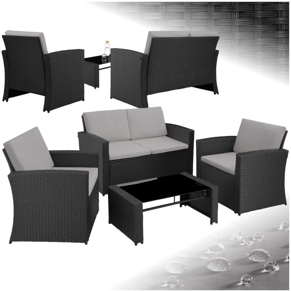 tectake® Lounge Gartenmöbel Set Poly Rattan für den Garten, Möbel für den Balkon, 12-teilige Garten Lounge (wetterfest), Essgruppe mit Outdoor Sofa, Sessel und Tisch für 4 Personen (Schwarz/Grau) Bild 1