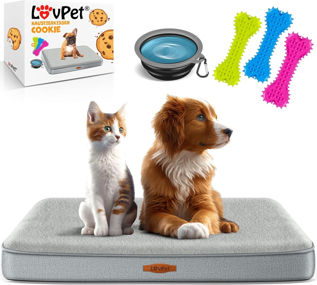 LovPet® Hundebett orthopädisches Hundekissen Hundekorb Cookie, Inkl. Napf + 3X Kauknochen, Hundesofa für Kleine, Mittelgroße & Große Hunde, Bezug abnehmbar und waschbar Grau / Hellgrau, M (76 x 51 x 7.6 cm) Bild 1