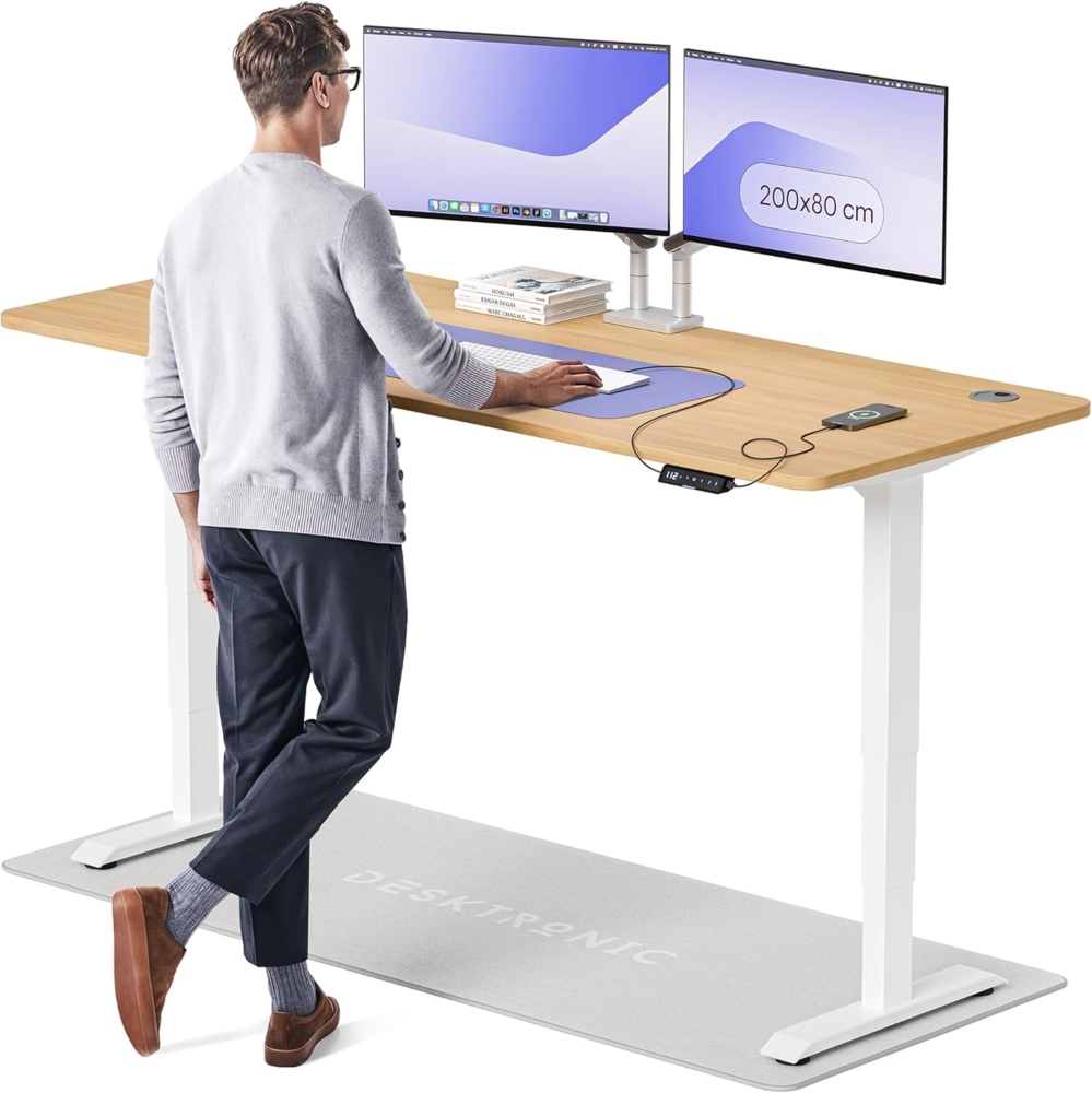Höhenverstellbarer Schreibtisch - Höhenverstellbar Elektrisch mit Flüsterleisem Dual-Motor & Touchscreen - Hohe Tragfähigkeit - Stehtisch von Desktronic, Weiß + Eiche, 200x80 cm Bild 1