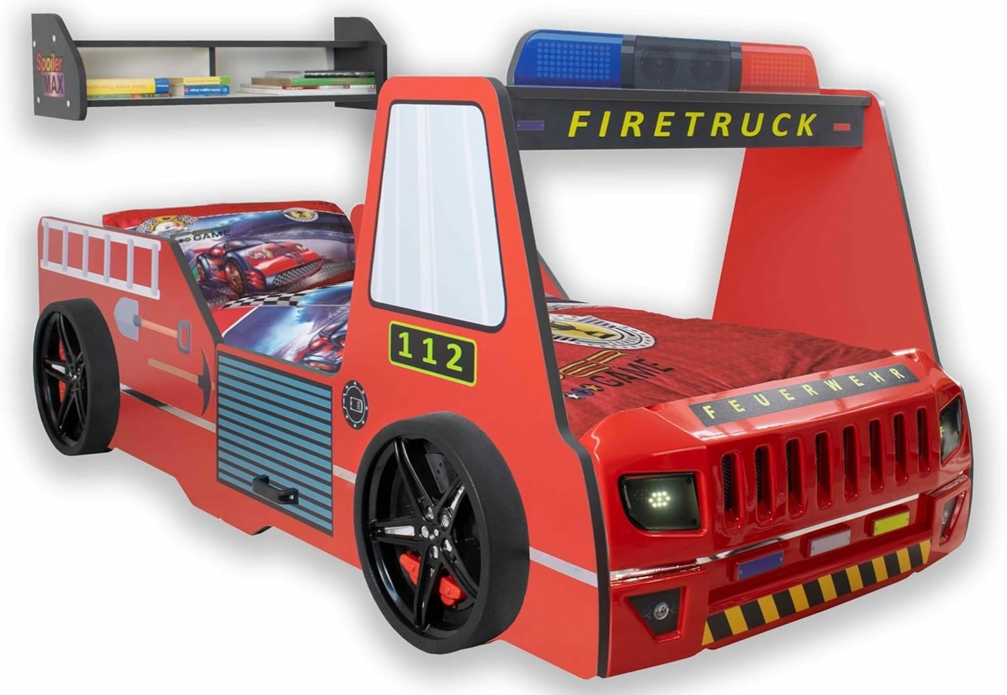 Autobett Kinder 90x200 cm Feuerwehrbett "Rio Firetruck" mit LED-Licht und Sirenenoptik Rot, Creativ Fresh Plus H2, mit Bettwäsche, Spoiler Regal Bild 1