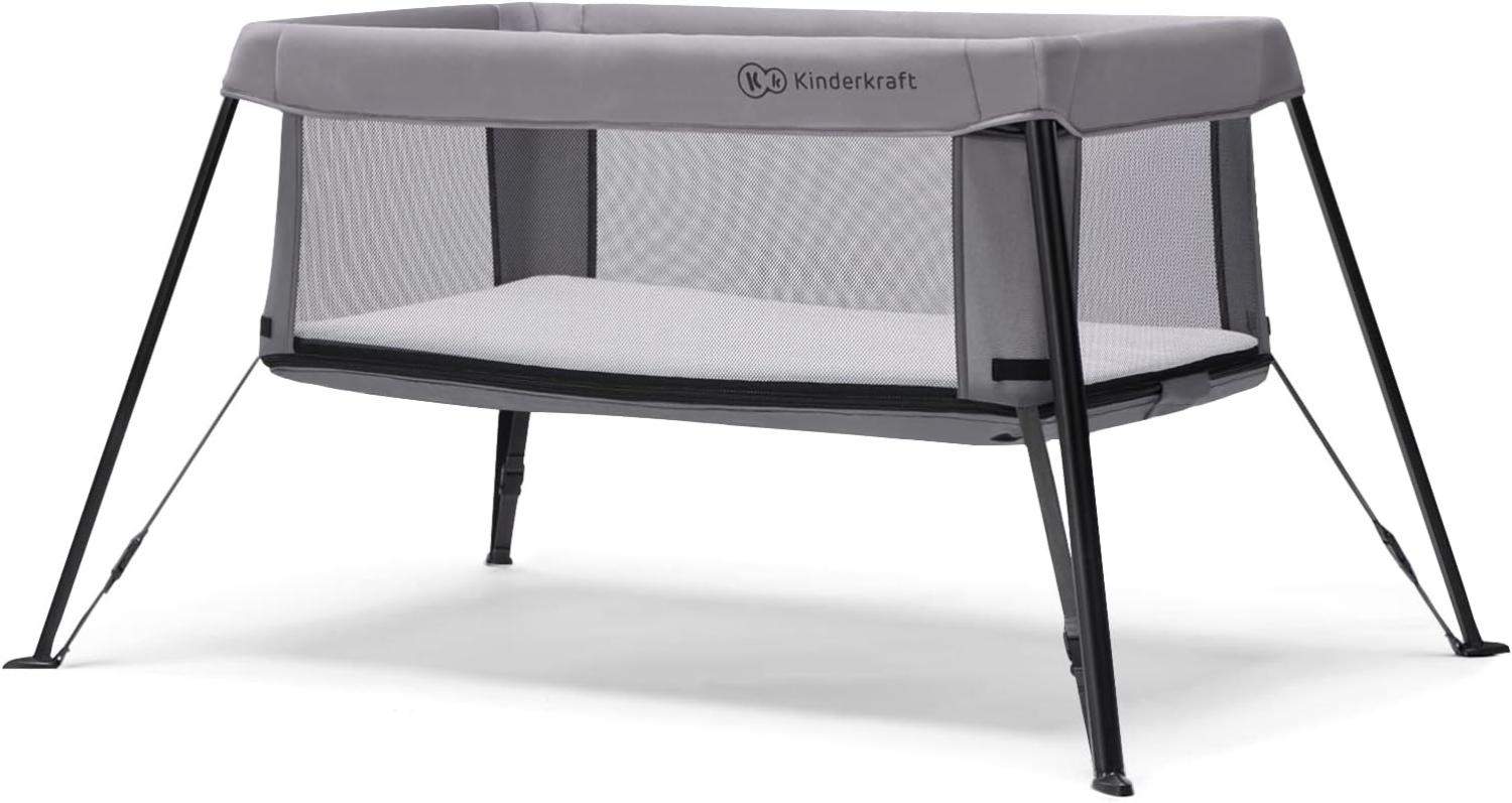 kk Kinderkraft Kinderkraft Reisebett 2 in 1 MOVI, faltbares Kinderbett, Laufgitter, Separater Eingang, 2 Matratzenhöhen, Zusammenklappe, mit Zubehör, Matratze, Tragetasche, Grau, Stahl, Aluminium Bild 1
