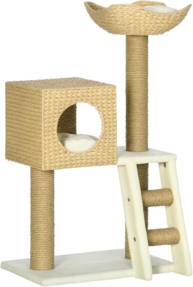 PawHut Kratzbaum 100,5 cm Katzenbaum mit Katzenhöhle, Bett, Treppe, für Katzen bis 4,5 kg, Natur Bild 1