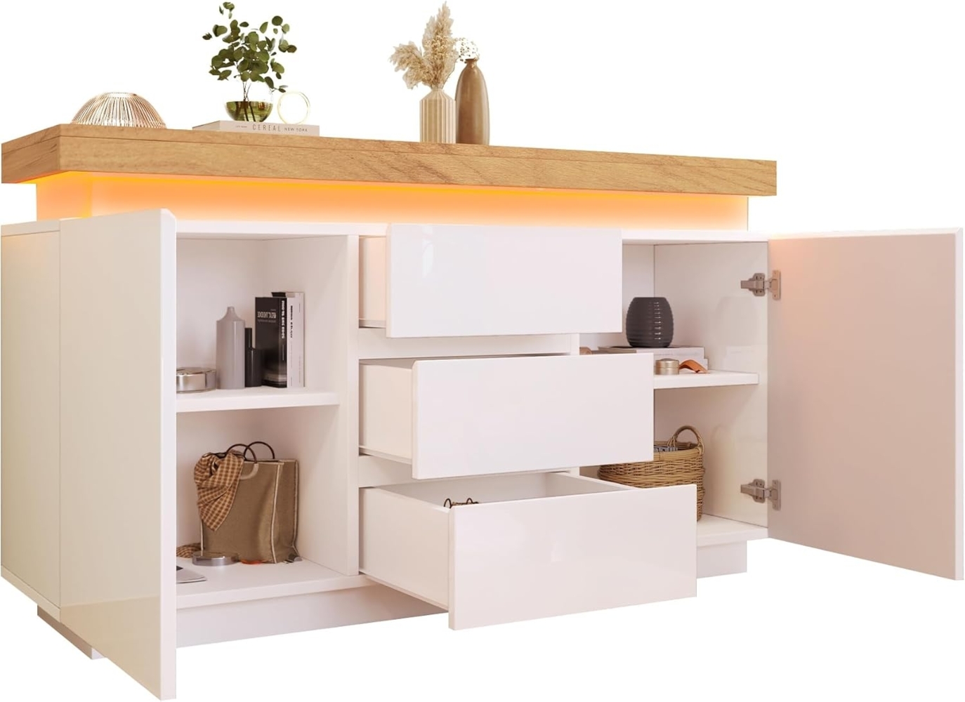 Odikalo Anrichte Kommode Hochglanz Türen Schubladen Mehrzweckschrank Wohnzimmer Bild 1