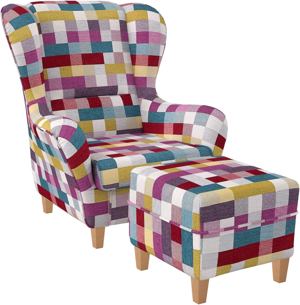 Supellex Sofia Ohrensessel mit Hocker | Design Patchwork kariert bunt Bild 1