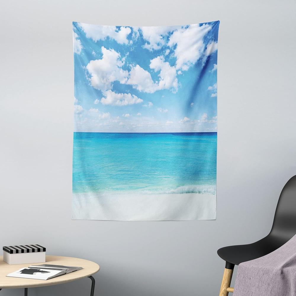 ABAKUHAUS Ozean Wandteppich und Tagesdecke, Hawaiian Seascape, aus Weiches Mikrofaser Stoff Wand Dekoration Für Schlafzimmer, 110 x 150 cm, Türkis Weiß Bild 1