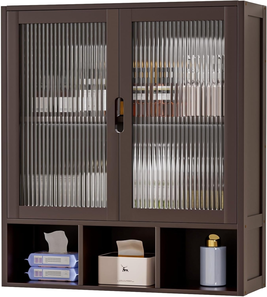 Yorbay Hängeschrank Bambus Badezimmerschrank (59x22x66 cm, Magnetverschluss & verstellbare Regale) Wandschrank mit Doppeltüren Bild 1