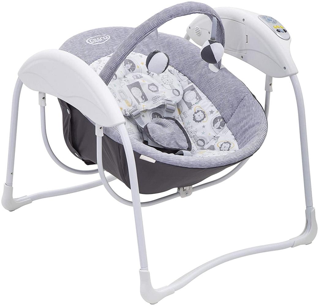 Graco Glider Lite elektrische Babyschaukel, ab Geburt bis 9 kg, 6 Schaukel-Geschwindigkeiten, 5-Punkt-Gurtsystem, maschinenwaschbarer Stoffbezug, inkl. Musik, Sounds und Spielbogen, Lionel Bild 1