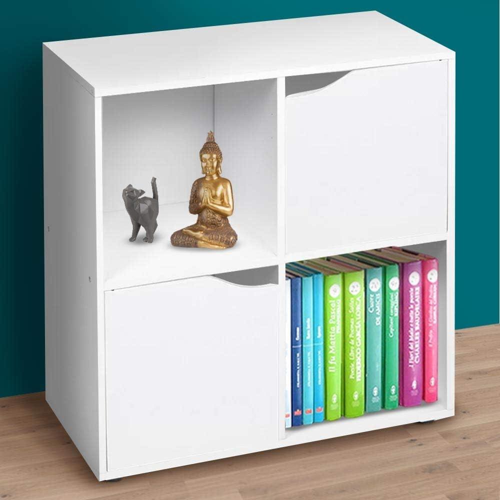 BAKAJI Bücherschrank mit niedrigem Design, moderner Würfelschrank, Regalschrank mit 4 Regalen und 2 Türen, Größe 60 x 29 cm, Wohnzimmer, Weiß Bild 1