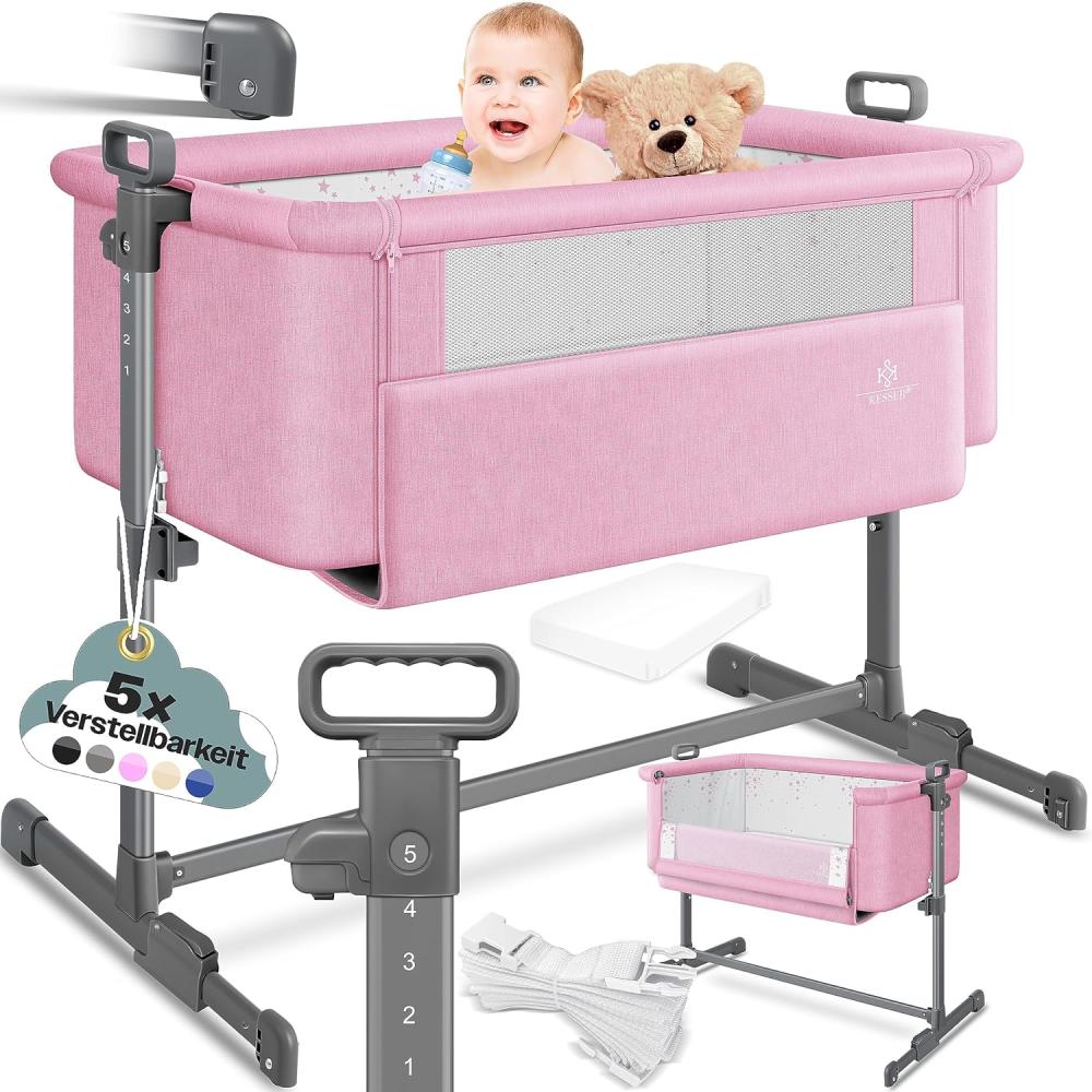 KESSER® Zustellbett Hubi 3in1 Baby Beistellbett Reisebett Babybett mit weich Matratze, mit Rollen Kinderbett, 5-fach Höhenverstellung, Faltbare Seitenwand für zu Hause und unterwegs Rosa Bild 1