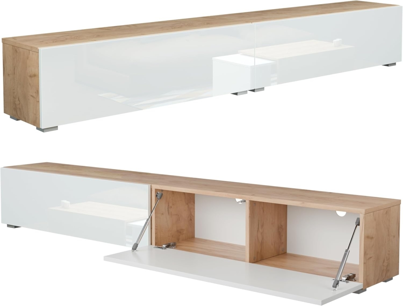 PLATAN ROOM Fernsehschrank TV-Lowboard 105/140 / 160/210 / 280 In Eiche Weiß Hängend Oder Stehend Hochglanz Matt (210 x 30 x 32, Eiche Gold/Weiß Hochglanz) Bild 1