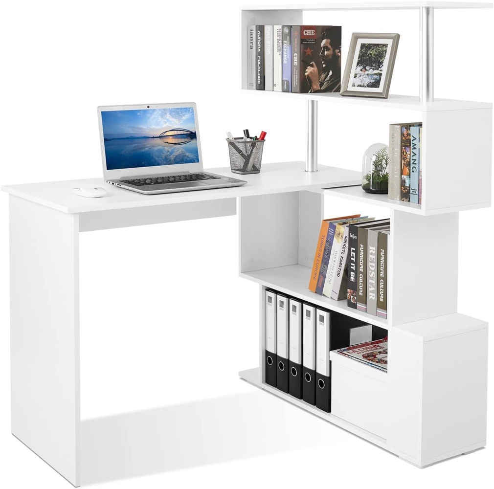 Mondeer Computertisch L-Förmig, Eckschreibtisch, mit 360 Grad Drehbarem Bücherregal für Arbeitszimmer Wohnzimmer Büro 157 x 45 x 130,5 cm, Weiß Bild 1