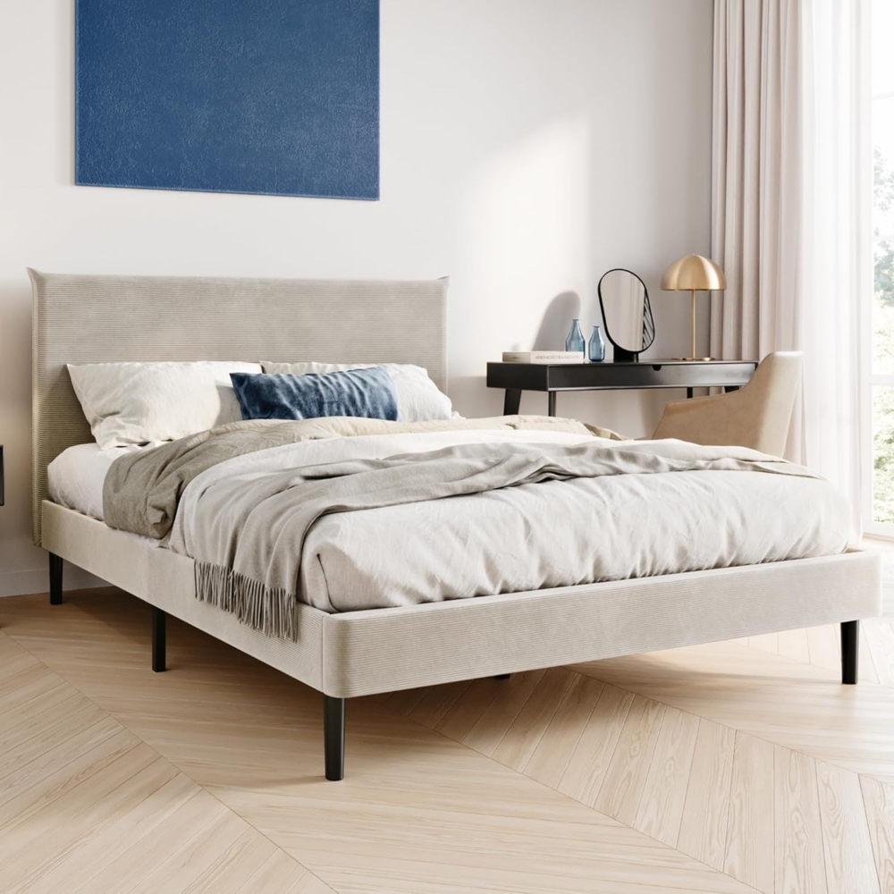 Home Collective Polsterbett 140x200 und 160x200 cm mit Lattenrost und weichem Bezug, Bettgestell (Doppelbett mit gepolstertem Kopfteil, robustes Gestell, hoher Liegekomfort), 140x200 cm, Beige, Cordbezug Bild 1