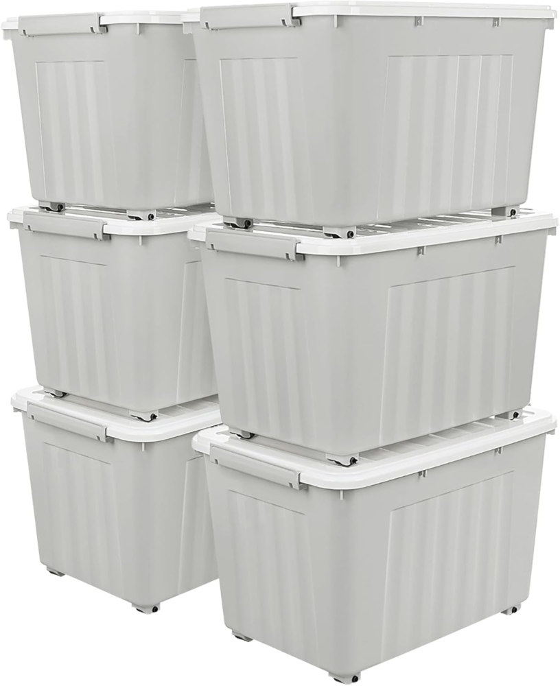 Cetomo,55L,6er-Pack, Aufbewahrungsbox mit deckel,Aufbewahrungsboxen, mit Clips, stapelbar, Wohnzimmer, Schlafzimmer. lebensmittelecht ,Verschlussclips,Neumaterial Plastik-Box grau Bild 1