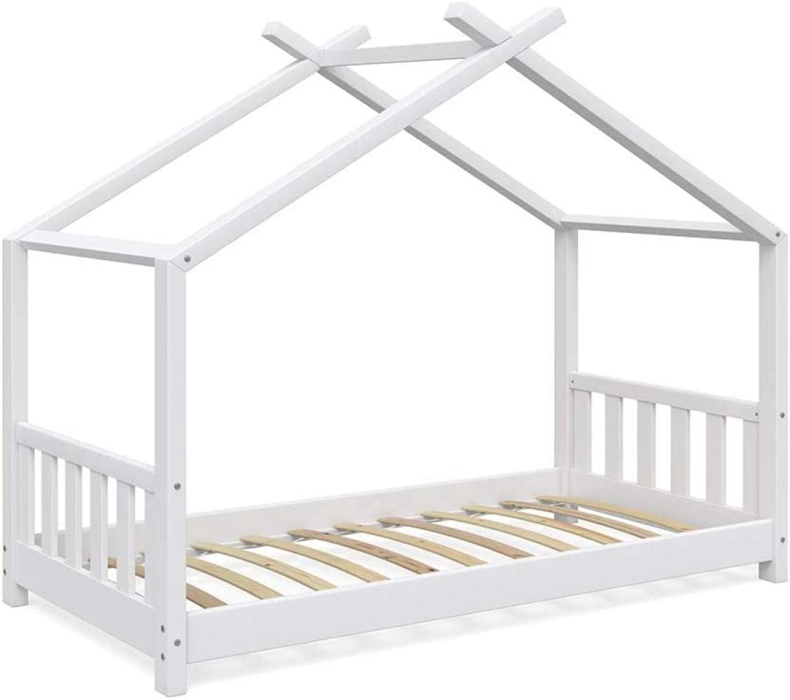 VitaliSpa Kinderbett Hausbett Design 80x160cm weiß Zaun Kinder Bett Holz Haus Schlafen Hausbett Spielbett Inkl. Lattenrost und Fallschutzgitter Bild 1