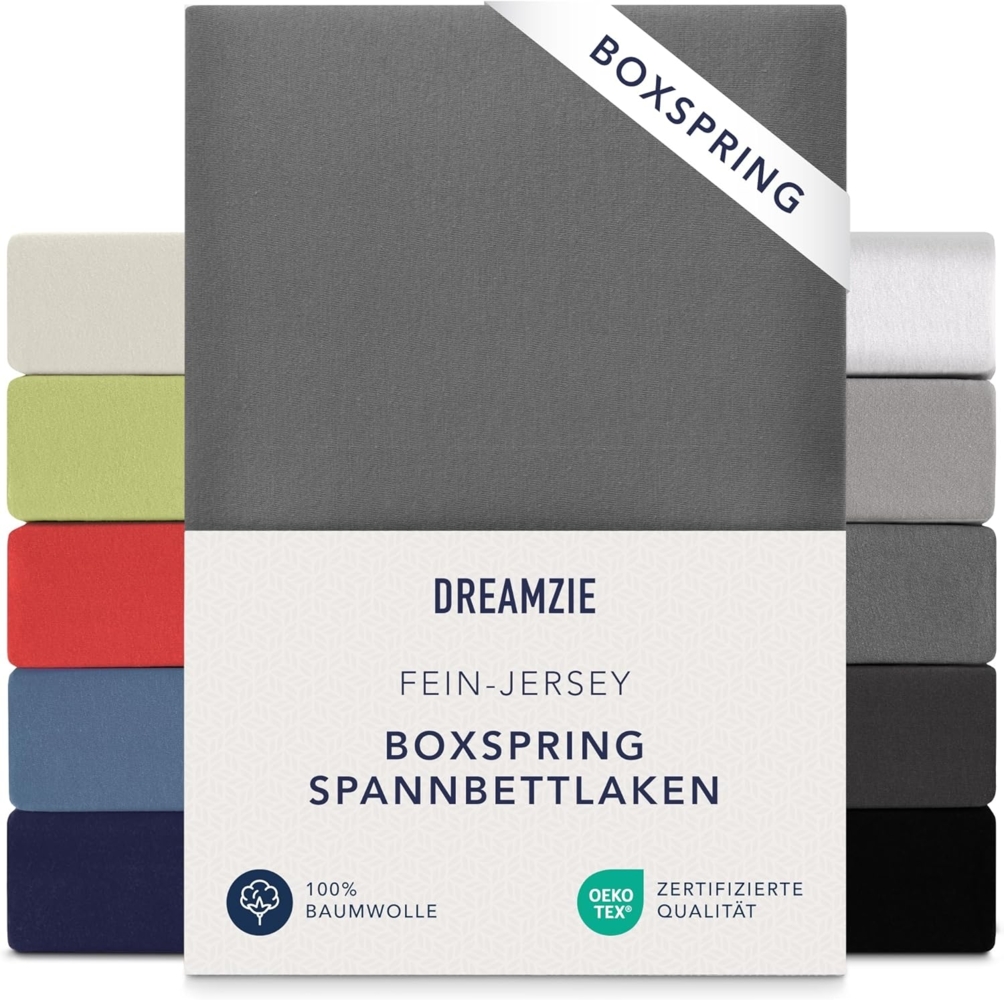 Dreamzie Premium Spannbettlaken 180x200 cm - 200x200 cm - 37cm Seitenhöhe - auch für Boxspringbett & Wasserbett - Bettlaken Boxspringbett 100% Jersey Baumwolle, 150 g/m² - Oeko-TEX - Anthrazit Bild 1