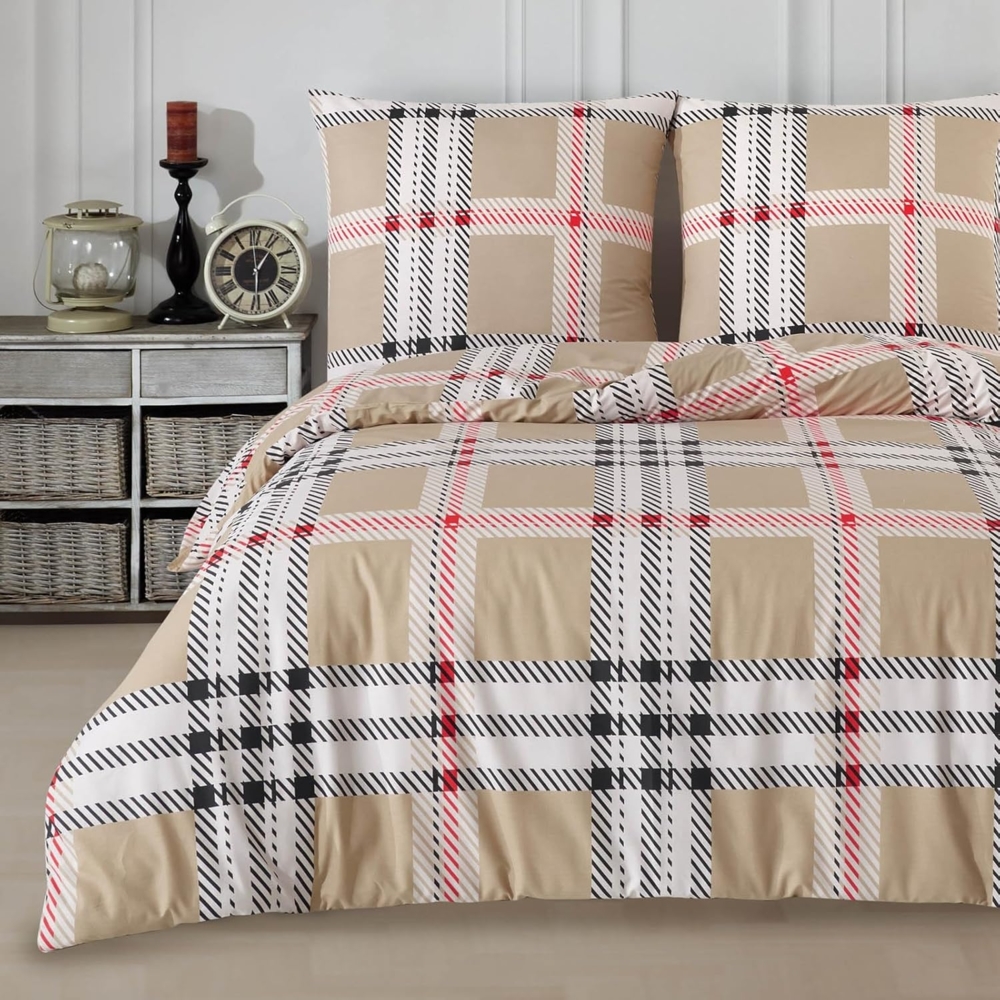 Buymax Bettwäsche Jurado, Bettgarnitur, Bettbezug Set, Renforce: 100% Baumwolle, 2 teilig, mit Reißverschluss, gemustert, Karo, Beige, 135x200 cm Bild 1