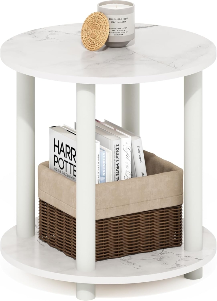 Furinno Turn-N-Tube 2-stufiger runder Beistelltisch aus Holz, Marmorweiß Bild 1