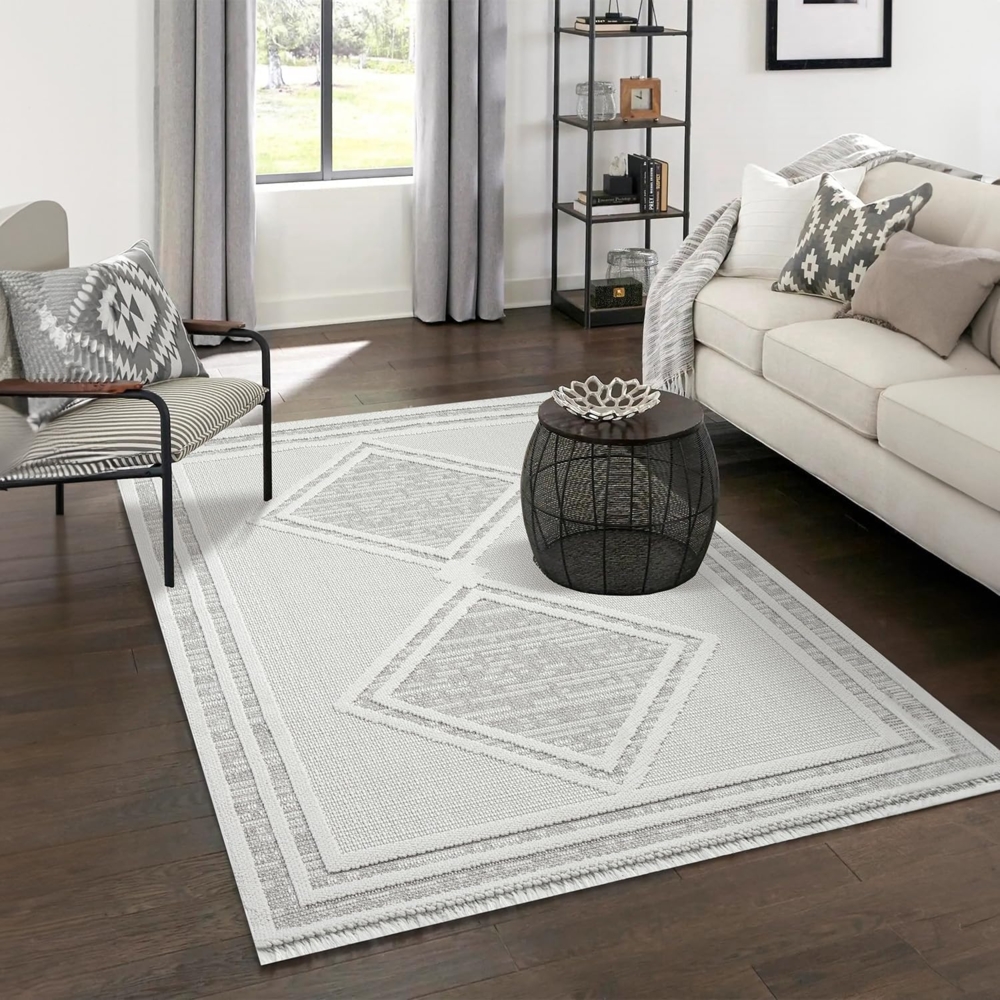 Teppich Wohnzimmer - 200x290cm - Beige - Boho-Style mit Fransen - Modern Raute Optik - Flachflor Wohnteppich Schlafzimmer Deko Bild 1