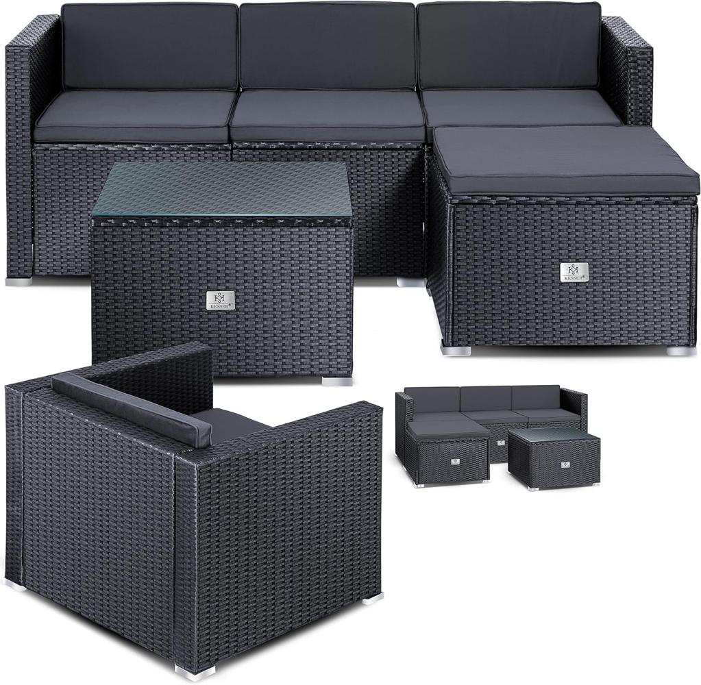 KESSER® Polyrattan Lounge Aruba – Gartenlounge für 4-5 Personen Gartenmöbel-Set Sitzgruppe aus 3er Gartensofa, Sessel, Hocker und Beistelltisch mit Sitzkissen - für Garten, Terrasse und Balkon Anthrazit Bild 1