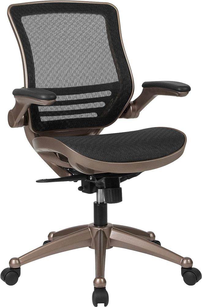 Flash Furniture Bürostuhl mit mittelhoher Rückenlehne – Ergonomischer Schreibtischstuhl mit hochklappbaren Armlehnen und Netzstoff – Perfekt für Home Office oder Büro – Schwarz/Gold Bild 1