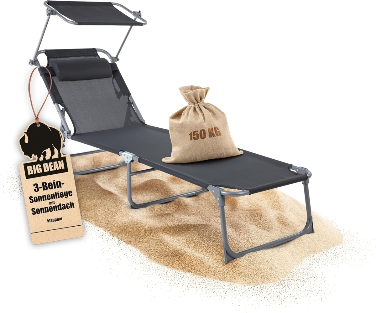 BigDean Sonnenliege klappbar mit Kopfkissen & Dach extra hoch dunkelgrau 150 kg belastbar - hochwertige Gartenliege für Balkon, Garten & Strand Bild 1