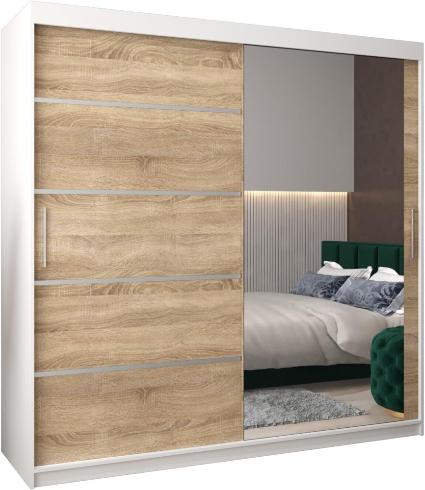 Schwebetürenschrank Verona 2-200 cm mit Spiegel Kleiderschrank mit Kleiderstange und Einlegeboden Schlafzimmer- Wohnzimmerschrank Schiebetüren Modern Design (Weiß + Sonoma) Bild 1