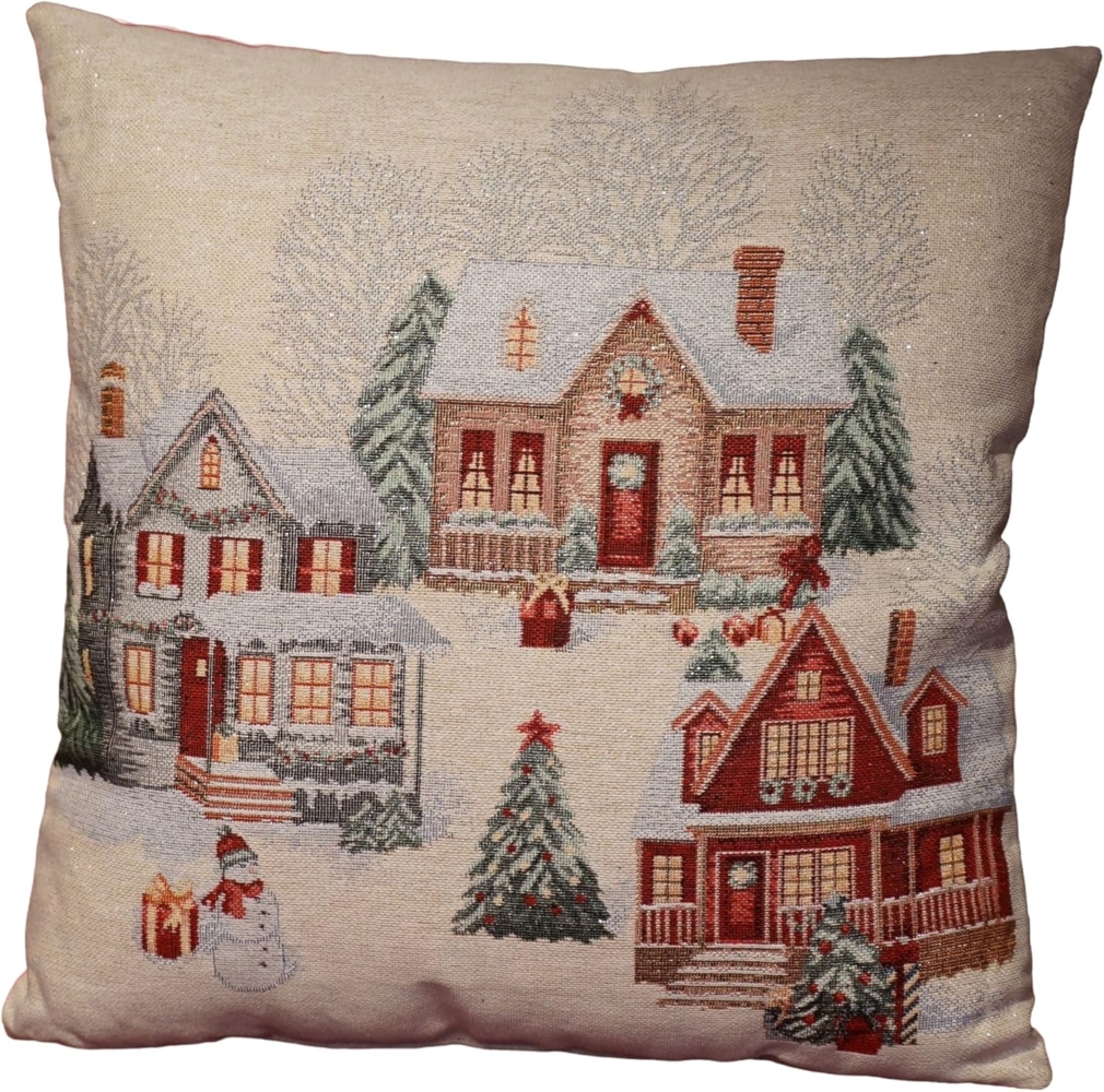 formano Weihnachtskissen 45 cm mit Häuserzeilen-Dekor Gobelin Deko Kissen mit Füllung ohne Reißverschluss - Weihnachten – festliches Sofakissen – Rückseite rot – Winter Dekoration Bild 1