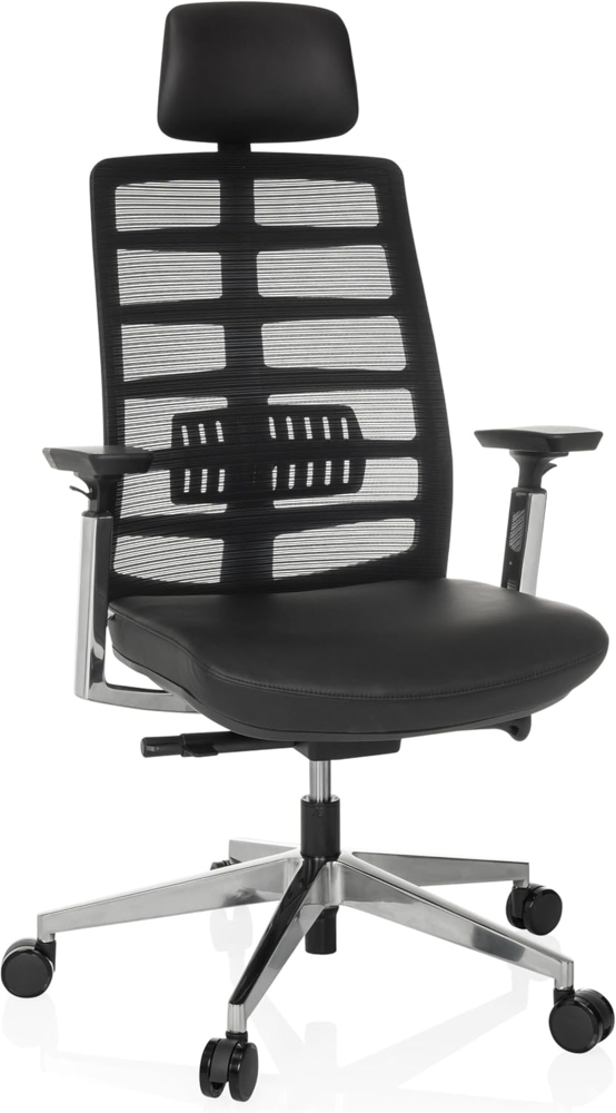 hjh OFFICE Bürostuhl ergonomisch SPINIO Elite L Chefsessel Leder, Kopfstütze und Lordosenstütze verstellbar, Drehstuhl mit Netzrücken, Schwarz Bild 1