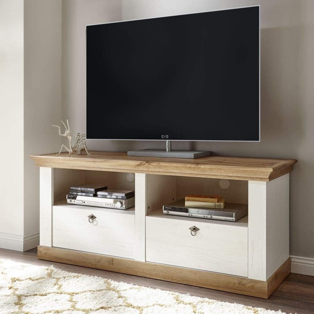 TV-Lowboard im Landhaus-Stil LINARES-61 in Pinie weiß / Wotan Eiche Nb. - B/H/T ca. : 152/65/52 cm Bild 1