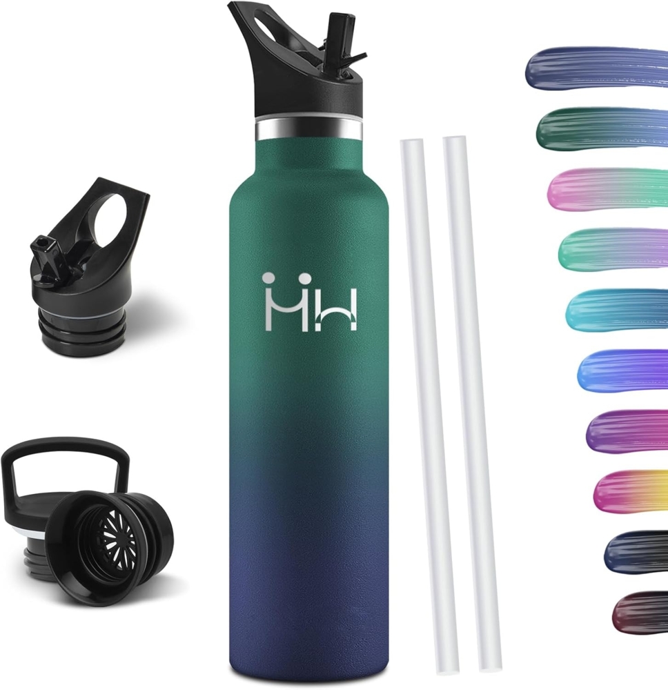 HoneyHolly Trinkflasche 1L, BPA-Frei, Trinkflasche Edelstahl, Thermosflasche, Auslaufsichere Isolierflasche Doppelwandig, Wasserflasche, Thermoskanne, mit Strohhalm, Thermoskanne Kohlensäure Geeignet Bild 1