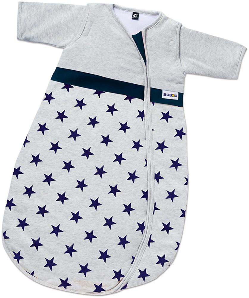 Gesslein 772144 Bubou Babyschlafsack mit abnehmbaren Ärmeln: Temperaturregulierender Ganzjahreschlafsack, Baby/Kinder Größe 90 cm, grau meliert mit Sternen marine blau Bild 1