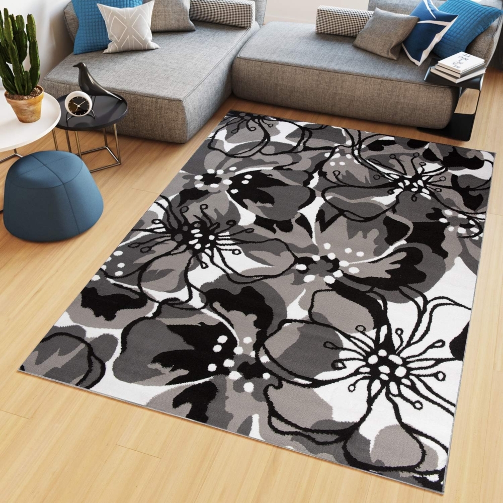 TAPISO Maya Teppich Wohnzimmer Kurzflor Modern Floral Blumen Design Schwarz Grau Weiß Schlafzimmer Kinderzimmer ÖKOTEX 120 x 170 cm Bild 1