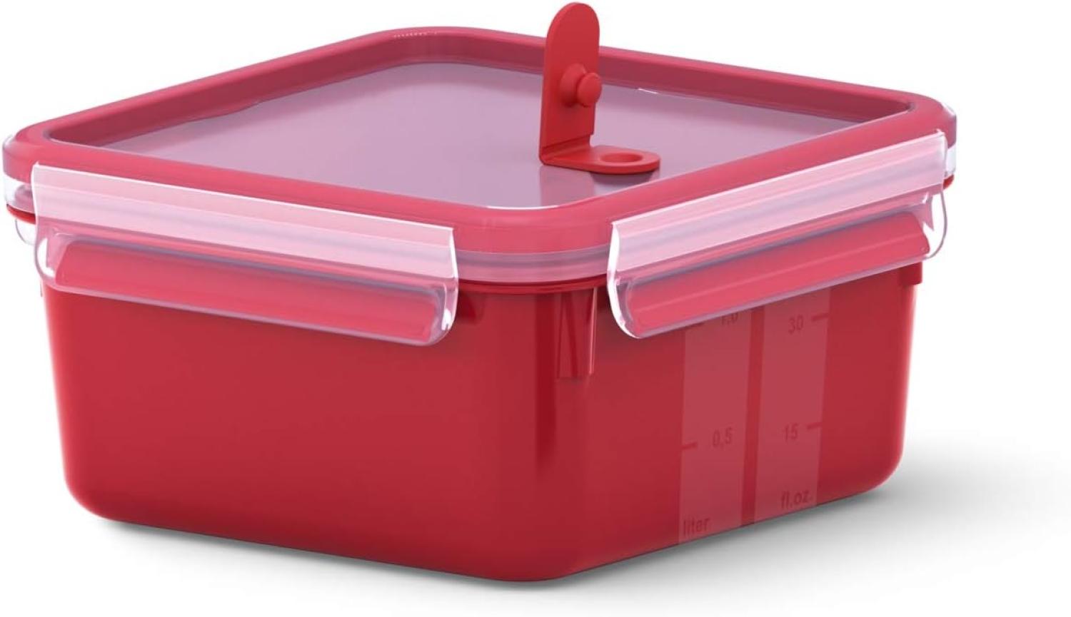 Emsa Mikrowellendose Clip & Micro N10604 | Mikrowellenventil | 1,3 L | Quadratisch | Lunchbox | Integrierte Maßeinteilung | Made In Germany | Rot/ Transparent Bild 1