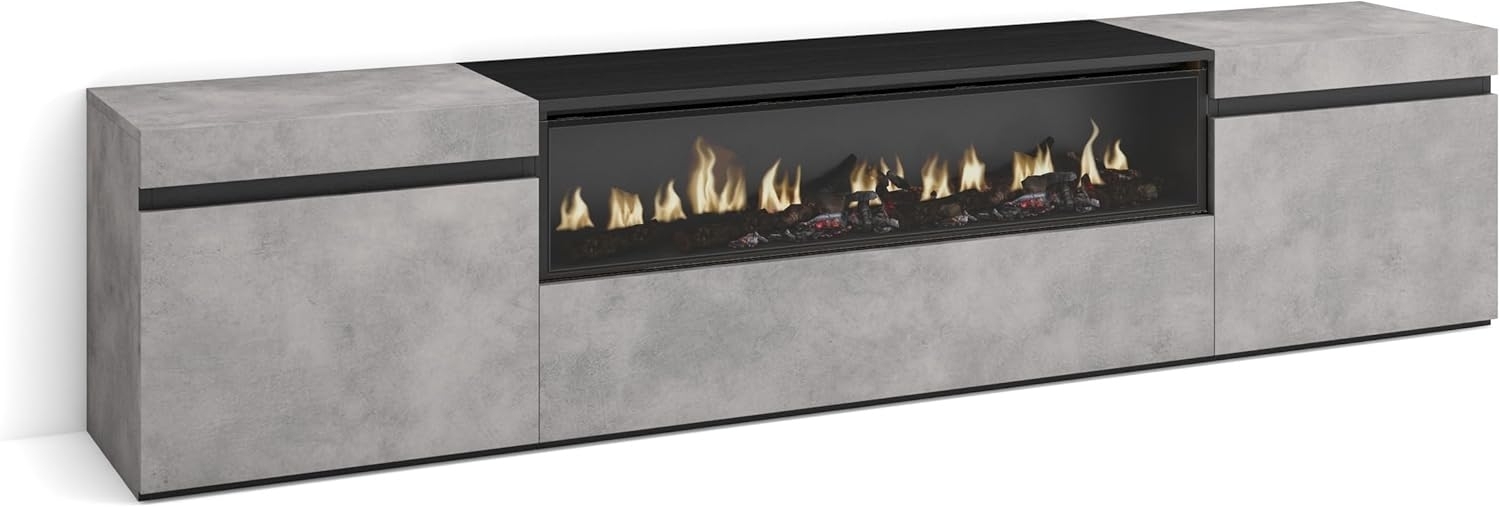 Skraut Home | TV-Schrank, Lowboard | für Wohnzimmer und Esszimmer | 200 x 45 x 35 cm | Für TV-Geräte bis zu 80" | Elektrokamin. Maße | Moderner Stil | Zement Bild 1