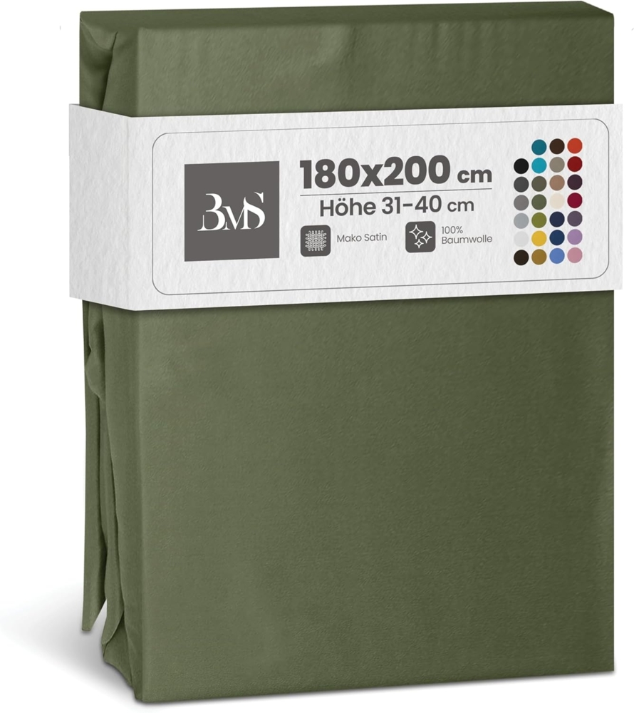 Bettwaesche-mit-Stil Mako-Satin Spannbettlaken dunkelgrün 180x200cm Höhe 31-40cm Bild 1