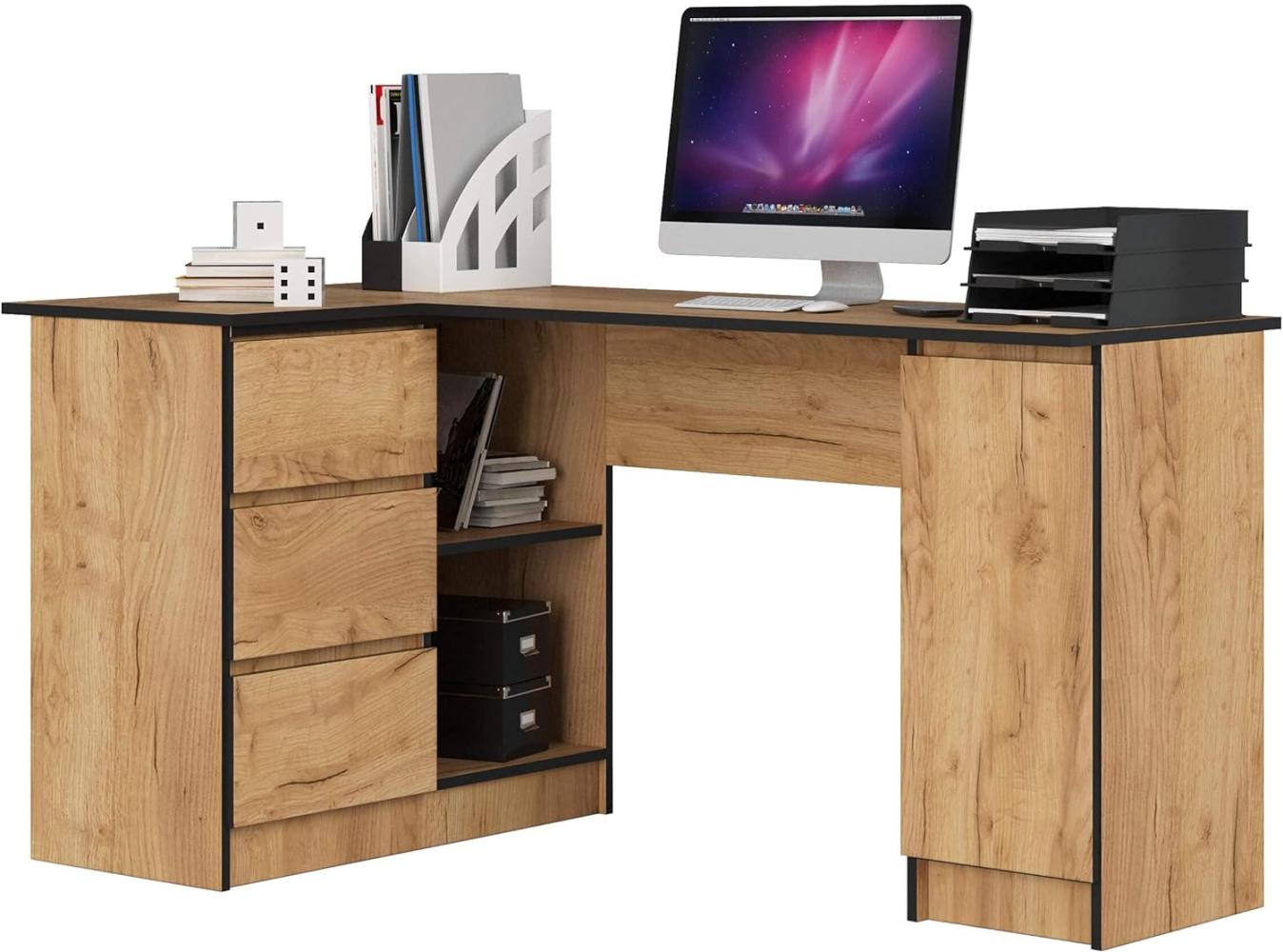 Eck-Schreibtisch B-20 mit 3 Schubladen, 2 Ablagen und einem Regalfach mit Tür | Schreibtisch | ecktisch | Eck Schreibtisch für Home Office | Einfache Montage | B155 x H77 x T85, 60 kg Kraft Eiche Bild 1