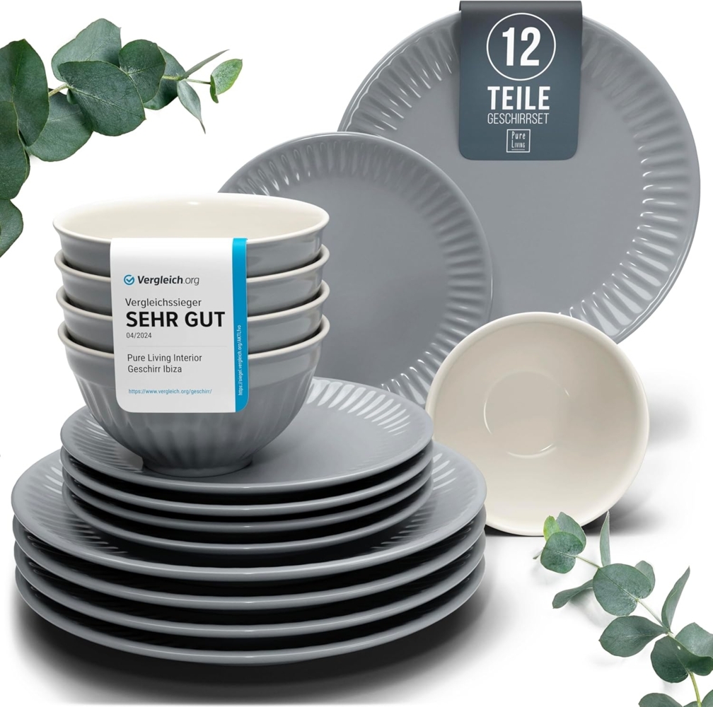 Steingut Geschirrset 4 Personen Hygge 12 tlg. TESTSIEGER, Traumhaftes Skandinavisches Steingut Geschirr Set, Schüssel- und Teller Set, Tafelservice 4 Personen, Geschirrsets Pure Living in Graublau Bild 1