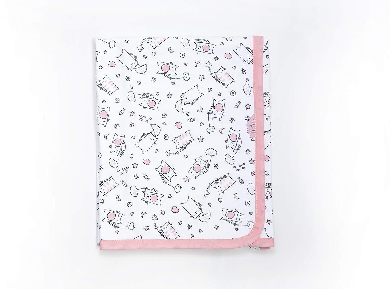 Ti TIN | weiche, saugfähige Babydecke, 80x75 cm | Krabbeldecke aus 100% Baumwolle mit doppellagigen Stoff, Babydecke fürs Auto, Wiege, Kinderwagen, Babyschale, etc, Katzen-Motiv, rosa Bild 1