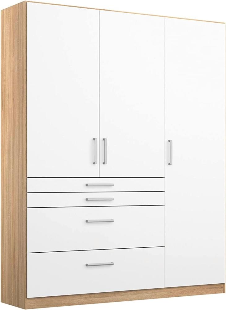 Rauch Möbel Harburg Schrank Kleiderschrank Drehtürenschrank Weiß/Eiche Sonoma 3-türig mit 4 Schubladen inklusive Zubehörpaket Basic 3 Einlegeböden, 1 Kleiderstange BxHxT 136x197x54 cm Bild 1