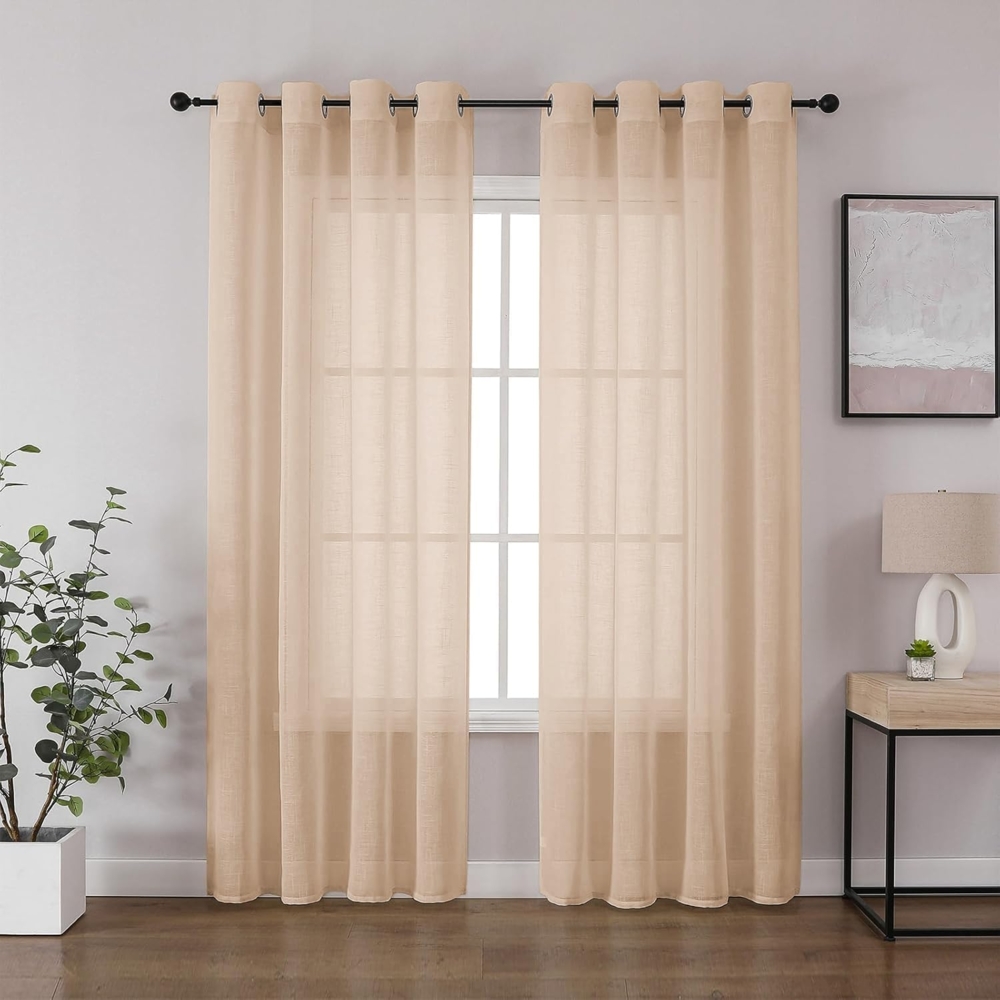 CUCRAF Leinenoptik Voile Vorhänge mit Ösen Halbtransparent Gardine für Schlafzimmer Wohnzimmer H225 x B140cm 2er Set,Baby Rosa Bild 1