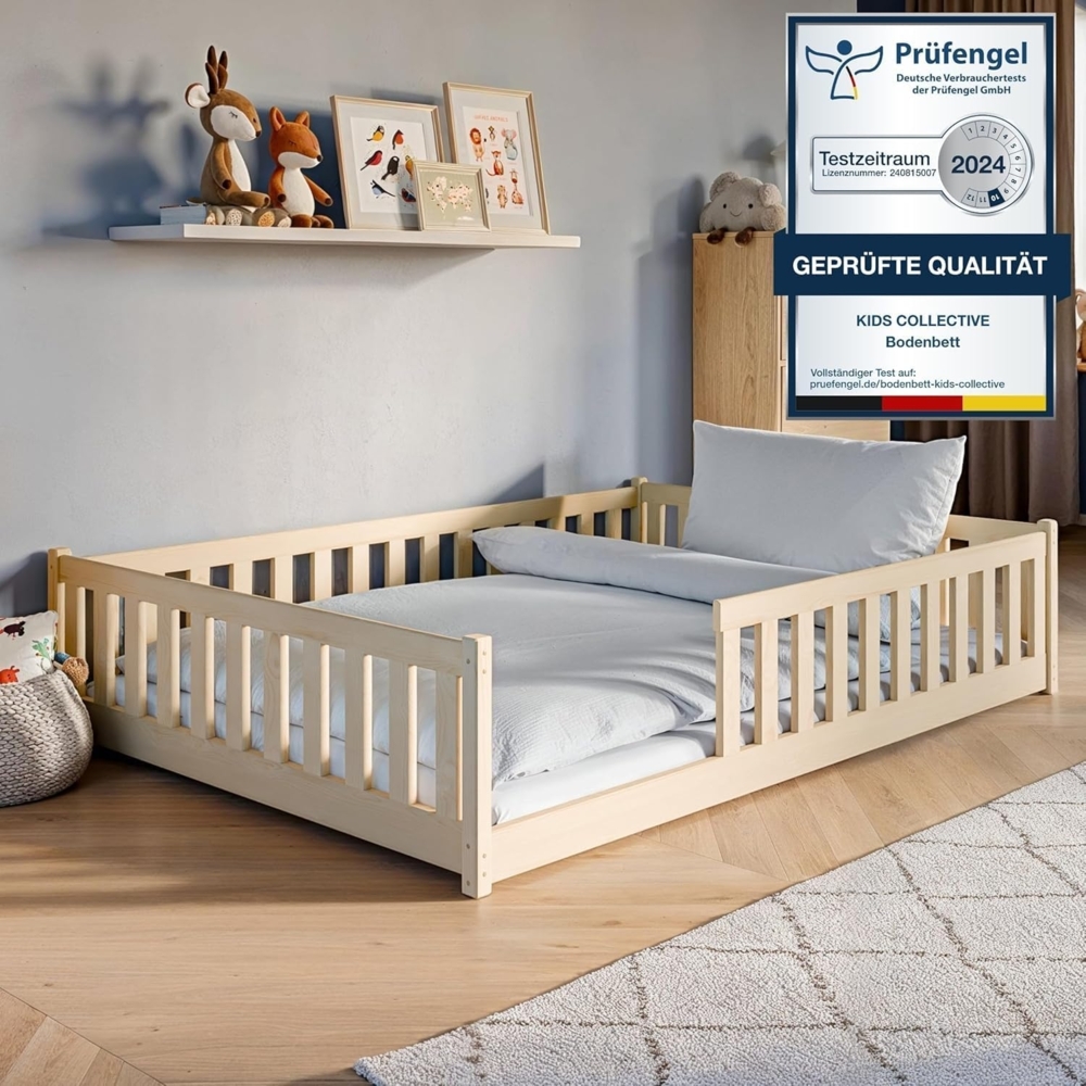 Kinderbett Bodenbett 140x200 cm Bett mit Rausfallschutz & Lattenrost Montessori Bett Bed Gitterbett Kinder Jugendbett Einzelbett optional mit Matratze | Natur Kiefer Holz massiv Junge Mädchen Bild 1