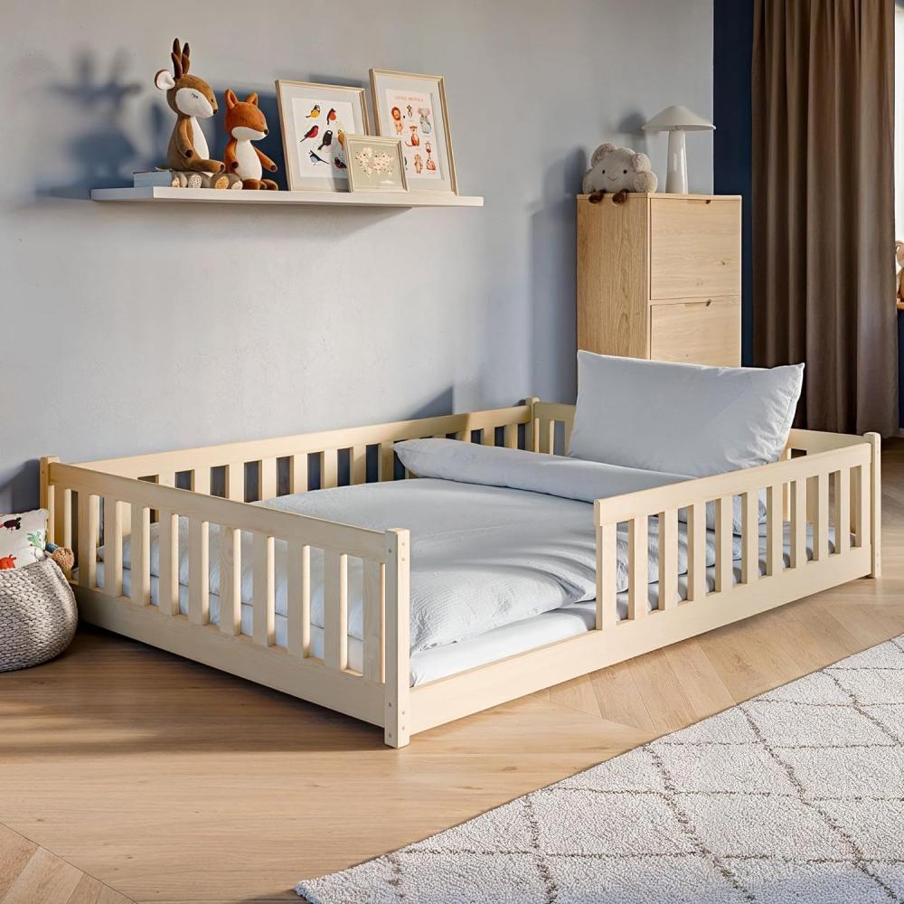 Kinderbett Bodenbett 140x200 cm Bett mit Rausfallschutz & Lattenrost Montessori Bett Bed Gitterbett Kinder Jugendbett Einzelbett optional mit Matratze | Natur Kiefer Holz massiv Junge Mädchen Bild 1