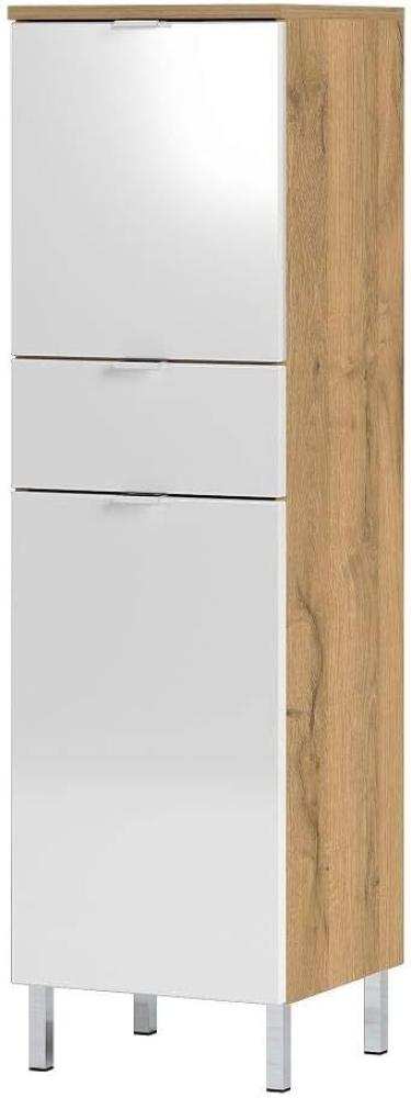 Badschrank Midischrank MACUL-01 in Hochglanz weiß und Grandson-Eiche-Nb. - BxHxT ca. 34x120x34cm Bild 1