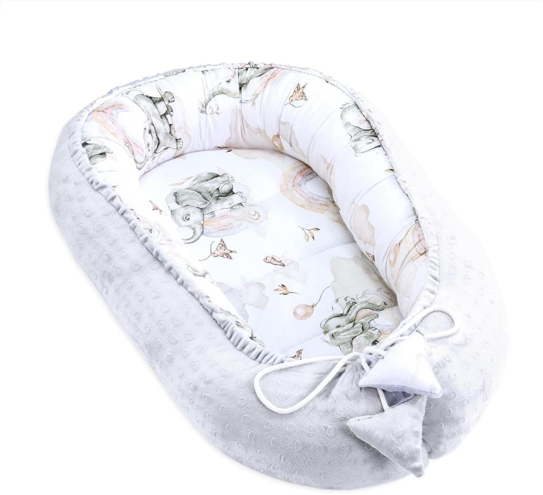 Warmes Nestchen Baby 90x50 cm - Kuschelnest Neugeborene Nestchen Winter/Herbst Kokon Babynest Elefant Hellgrau Bild 1