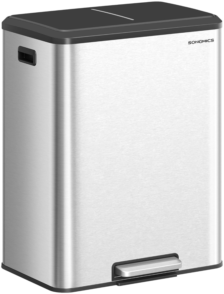 SONGMICS Mülleimer Küche, Mülltrennsystem 2x30 L, 2 Fächer für Recycling und Restmüll, Abfalleimer, Inneneimer, Edelstahl, Softclose-Deckel, breites robustes Pedal, metallicsilber LTB556E01 Bild 1