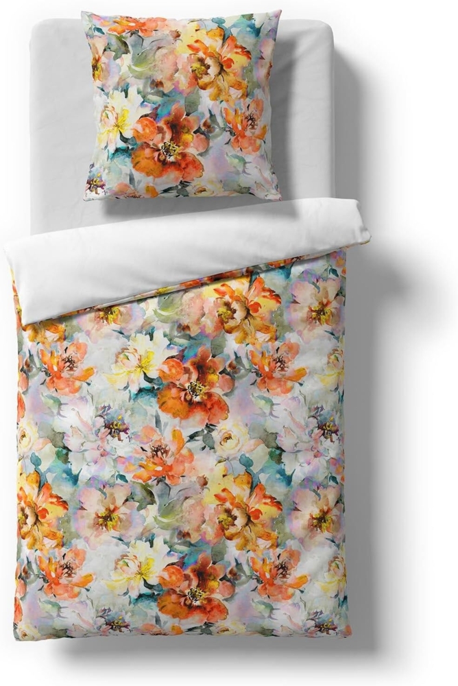 Fleuresse Halbleinen Bettwäsche 155x220 Blumen Aquarell orange petrol 344413-09 Bild 1