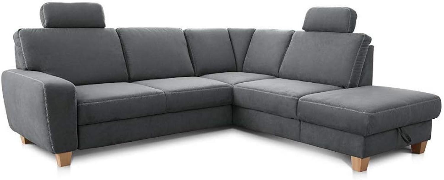 Cavadore Ecksofa Wisconsin mit Bettfunktion / Schlafsofa mit Federkern / Inkl. 2 Kopfstützen + Stauraum / Landhausstil / Holzfüße in Buche / Mikrofaser / Größe: 248 x 88 x 215 cm (BxHxT) / Farbe: Grau Bild 1