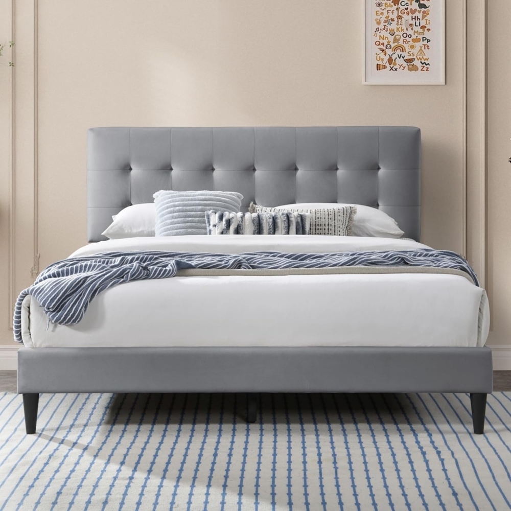 Home Collective Polsterbett 140x200 & 160x200 cm mit Lattenrost und weichem Bezug, Bettgestell (Doppelbett mit gepolstertem Kopfteil, robustes Gestell, hoher Liegekomfort), Kassettensteppung, 140x200 cm, Grau Bild 1