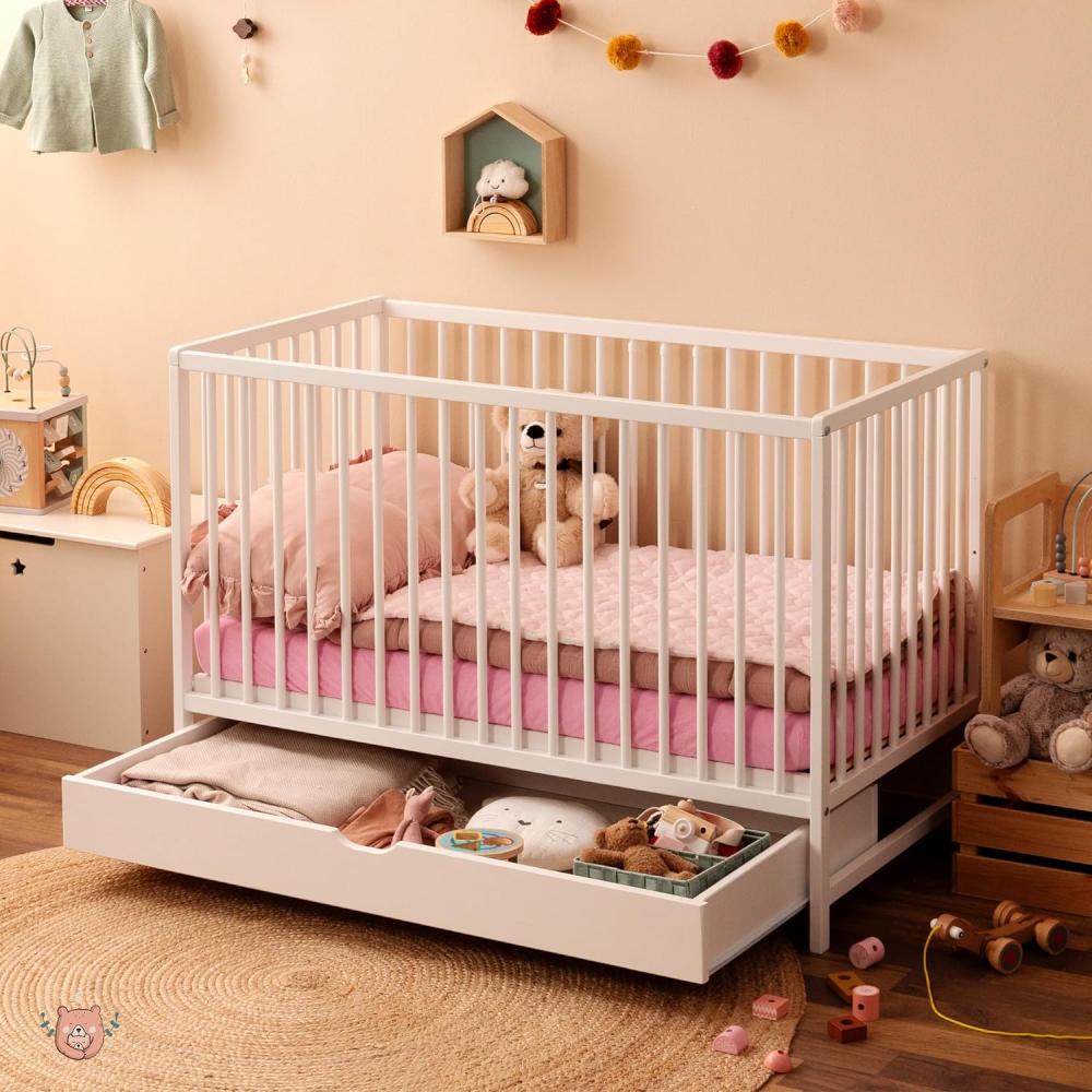 Babybett CASPAR 60x120 cm weiß mit Schublade und Matratze Bild 1